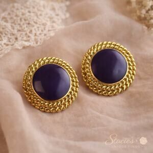 Vintage Gold Purple Glass Cabochon Dome Clip On Earrings Textured Rim